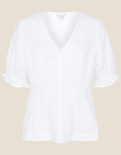 Embroidered Collar Puff Sleeve Blouse, White (WHITE), large