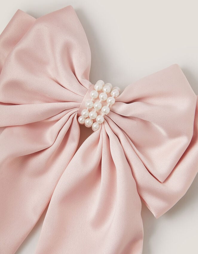 Long Pearl Satin Bow Hair Clip, Pink (PALE PINK), large