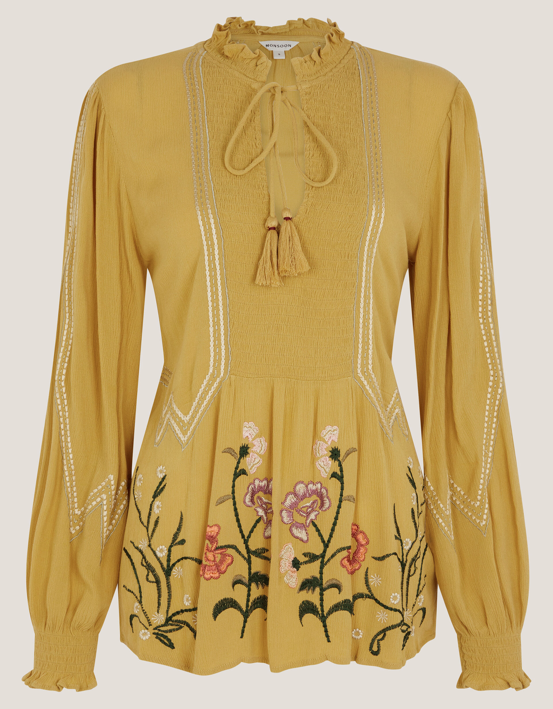 Heidi Floral Embroidered Tassel Blouse Green | Tops & T-shirts