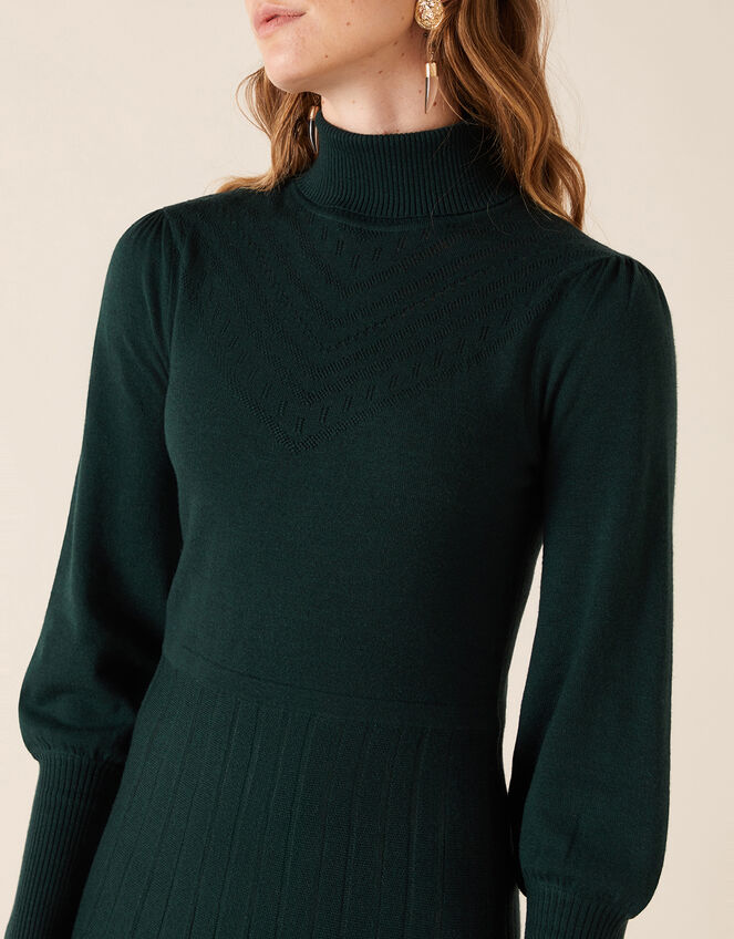 Pointelle Yoke Knit Dress with Recycled Fabric, Green (DARK GREEN), large