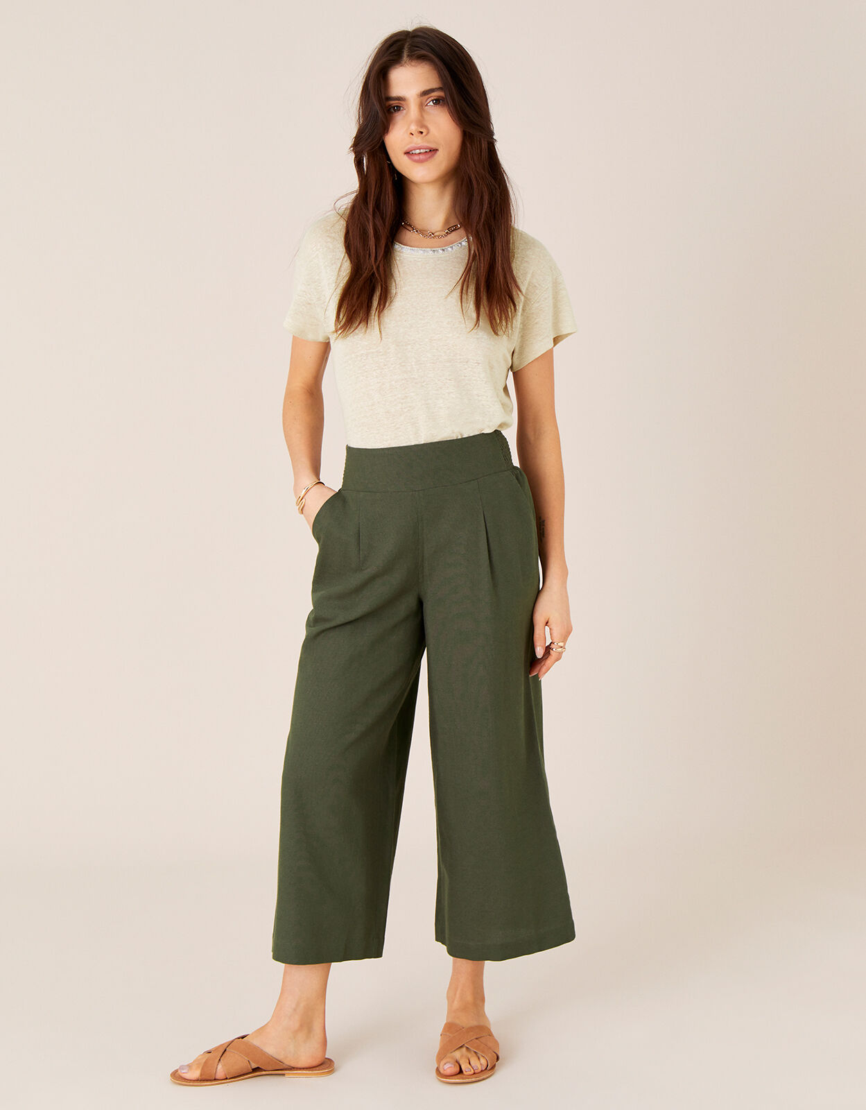 Cropped Trousers in Linen Blend Green