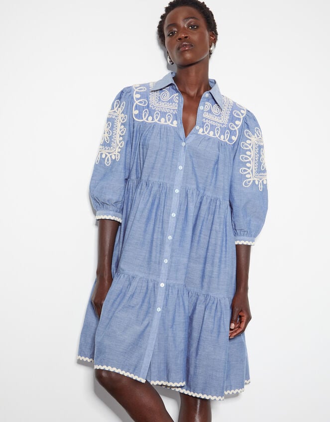 Damia Embroidered Chambray Mini Shirt Dress, Blue (DENIM BLUE), large