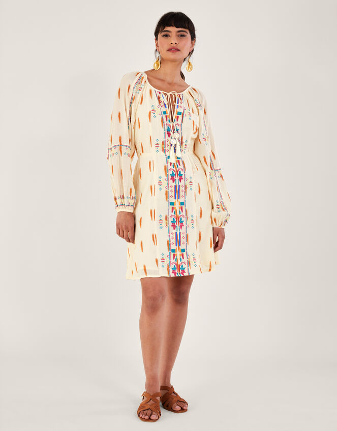Aztec Print and Embroidered Short Dress, Ivory (IVORY), large