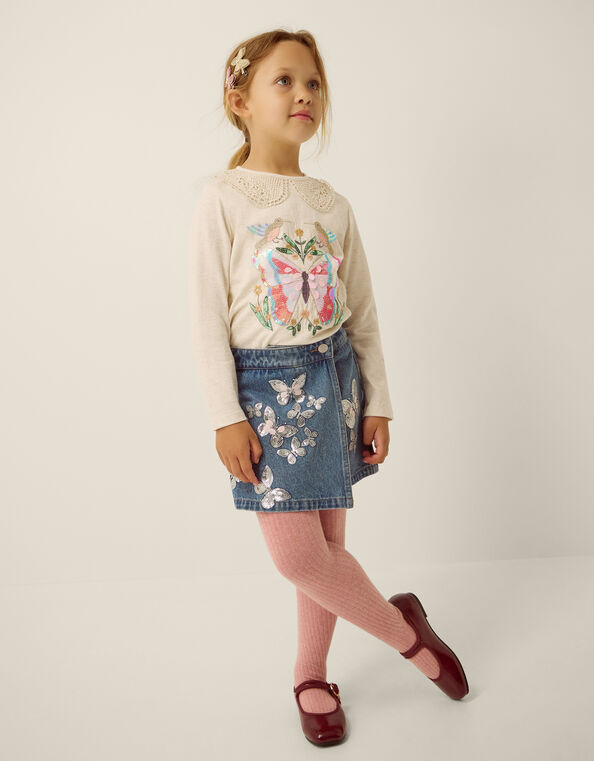 Butterfly Sequin Denim Skort, Blue (BLUE), large