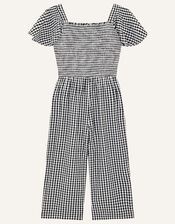 Gingham Shirred Jumpsuit , Black (BLACK), large