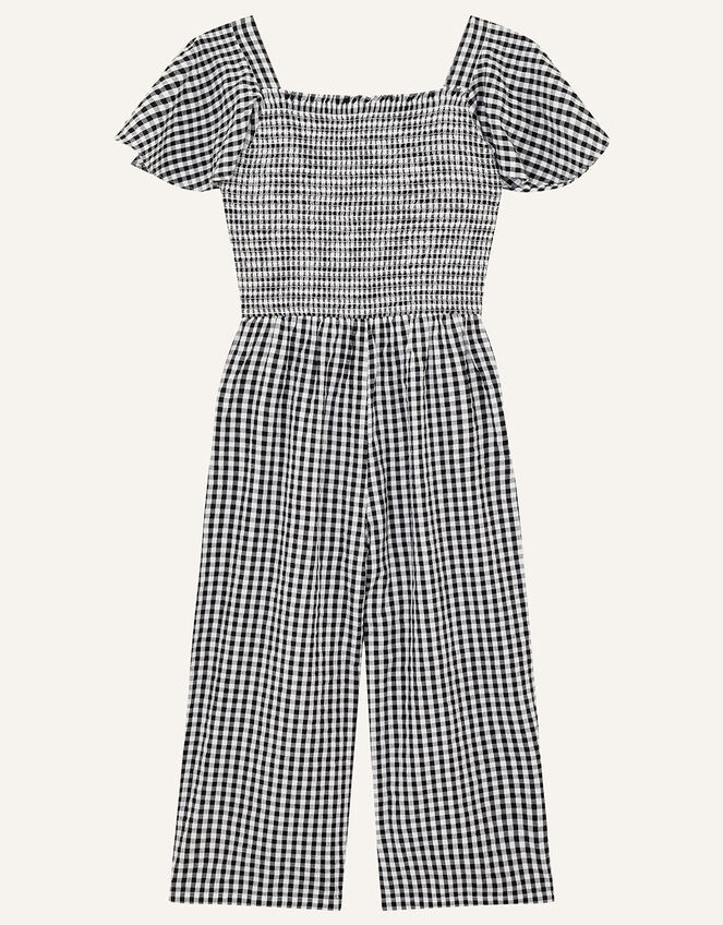 Gingham Shirred Jumpsuit , Black (BLACK), large