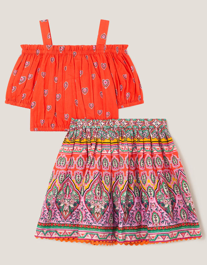 Floral Print Bardot Top & Skirt Set, Orange (ORANGE), large