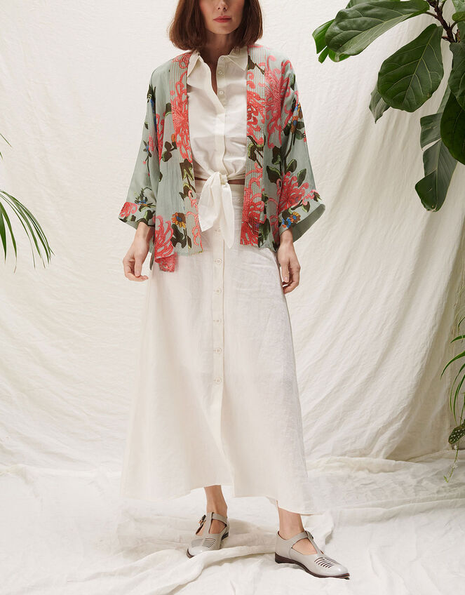 One Hundred Stars Floral Print Short Kimono, Blue (AQUA), large