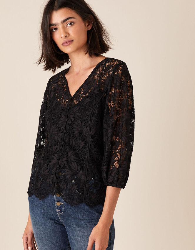 Floral Lace Button-Down Top, Black (BLACK), large