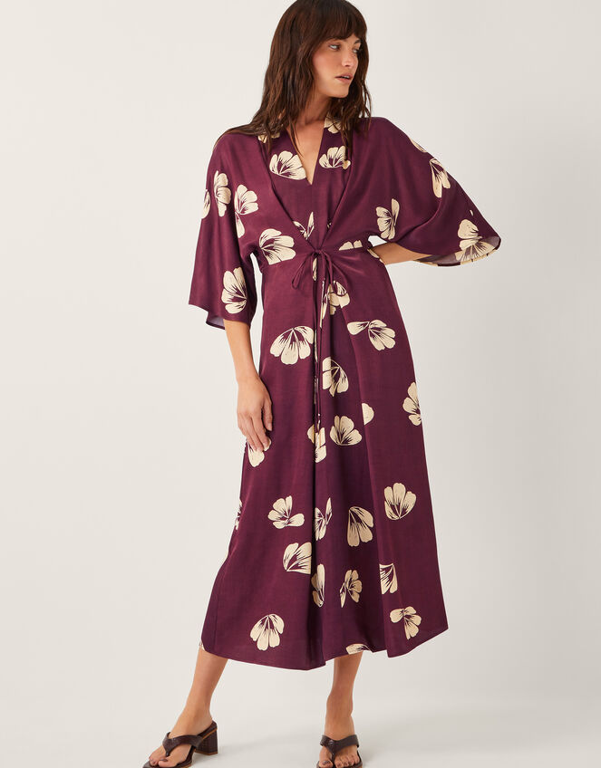 Roz Floral Midi Wrap Dress, Red (BURGUNDY), large