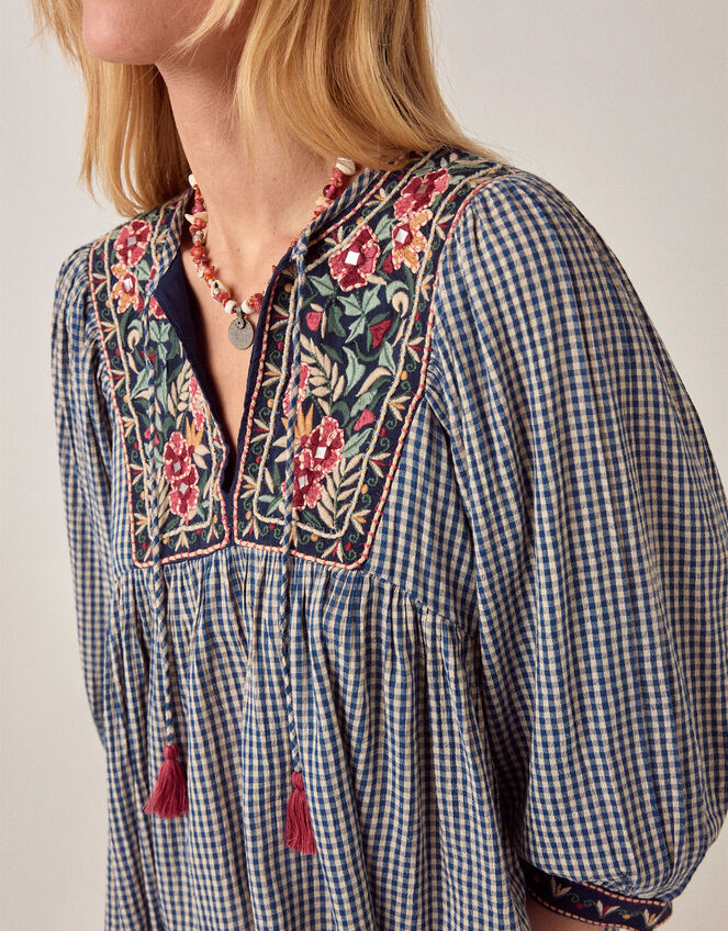 Maison Hotel April Embroidered Gingham Blouse, Blue (BLUE), large