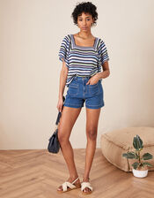 Crochet Stitch Neck Jumper in Cotton Blend, Blue (BLUE), large