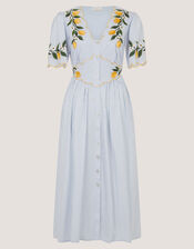 Marisol Lemon Embroidered Stripe Midi Dress, Blue (BLUE), large