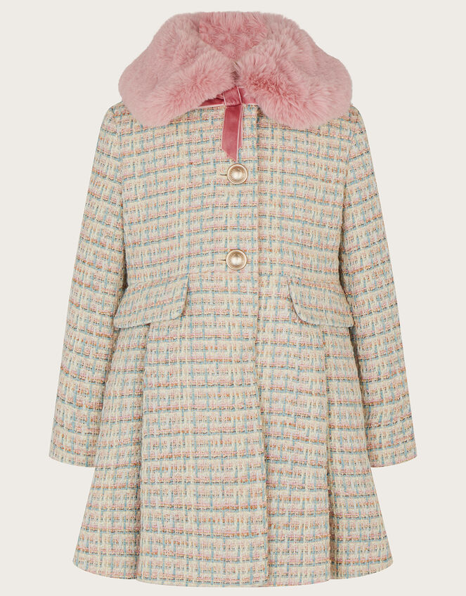 Skirted Tweed Coat with Faux Fur Collar, Grey (GREY), large