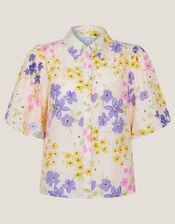 Madeline Floral Puff-Sleeve Shirt , Ivory (IVORY), large