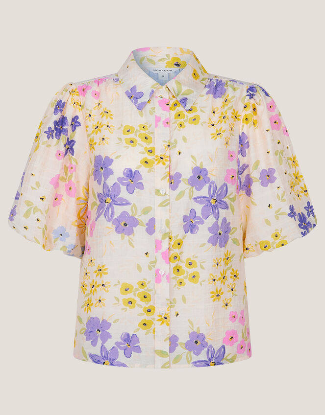 Madeline Floral Puff-Sleeve Shirt , Ivory (IVORY), large