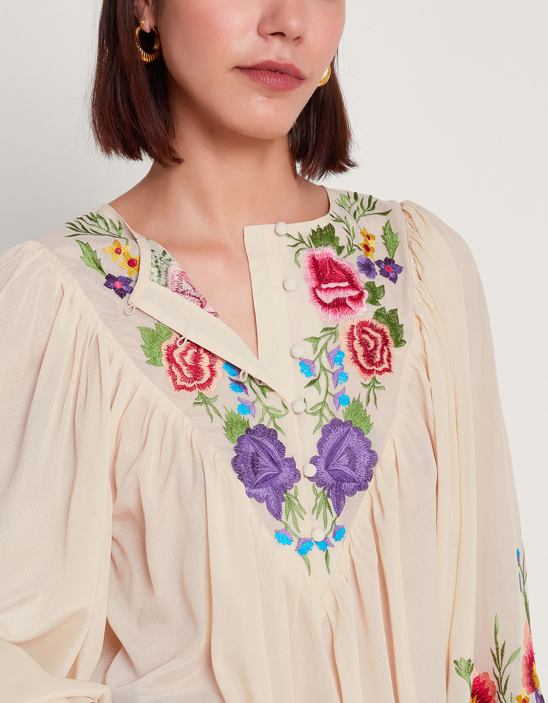 Zorny Cotton Embroidered Blouse with Cropped Sleeves - Sky Blue
