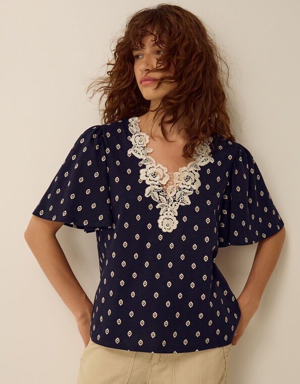 Janey Printed Jersey Top, Blue (NAVY), large
