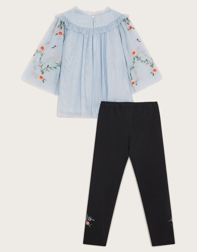 Embroidered Tulle Top and Leggings Set, Blue (BLUE), large