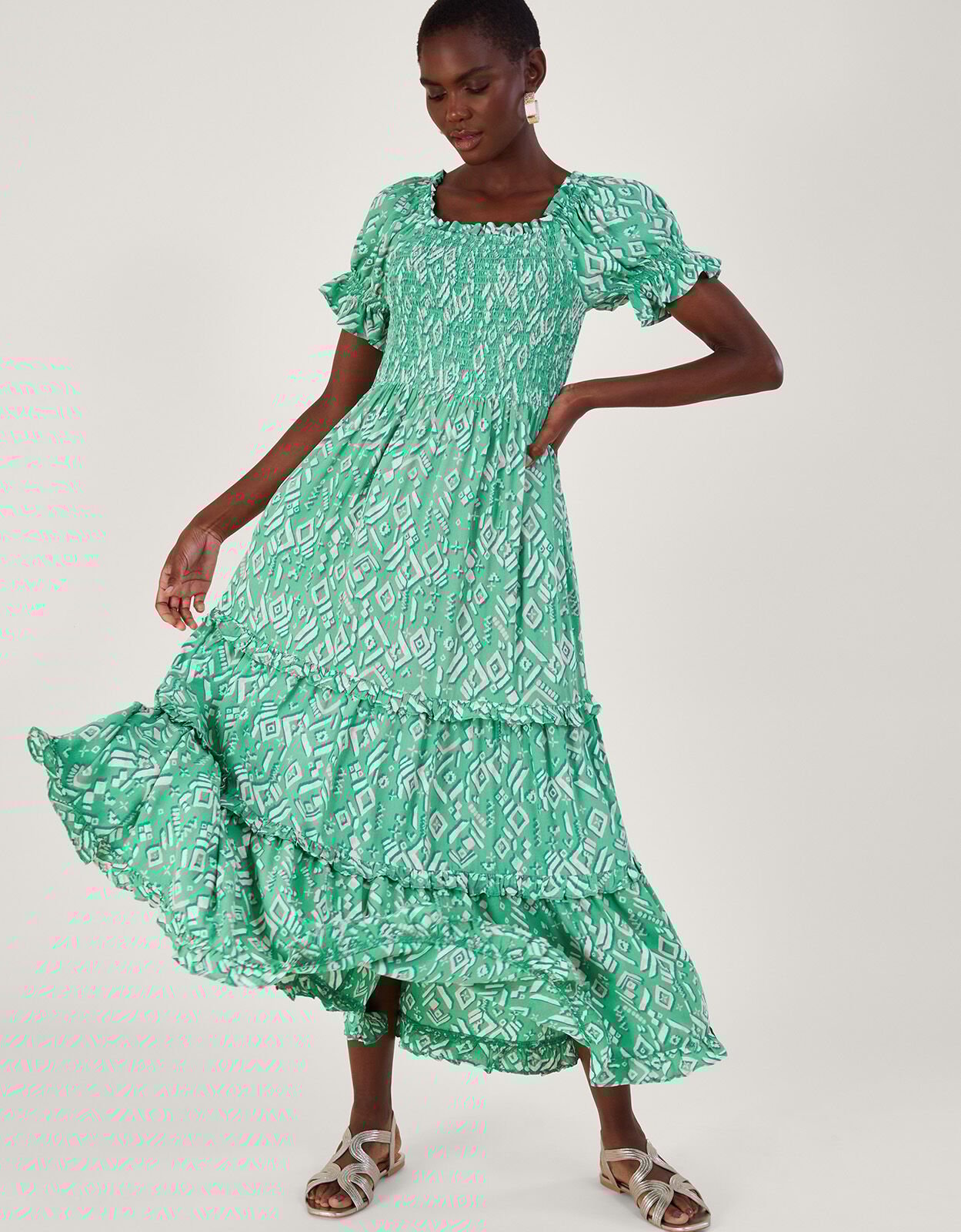 Gigi Print Bardot Maxi Dress Green Maxi Dresses Monsoon UK