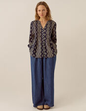 East Celine Printed Cotton Top, Blue (NAVY), large