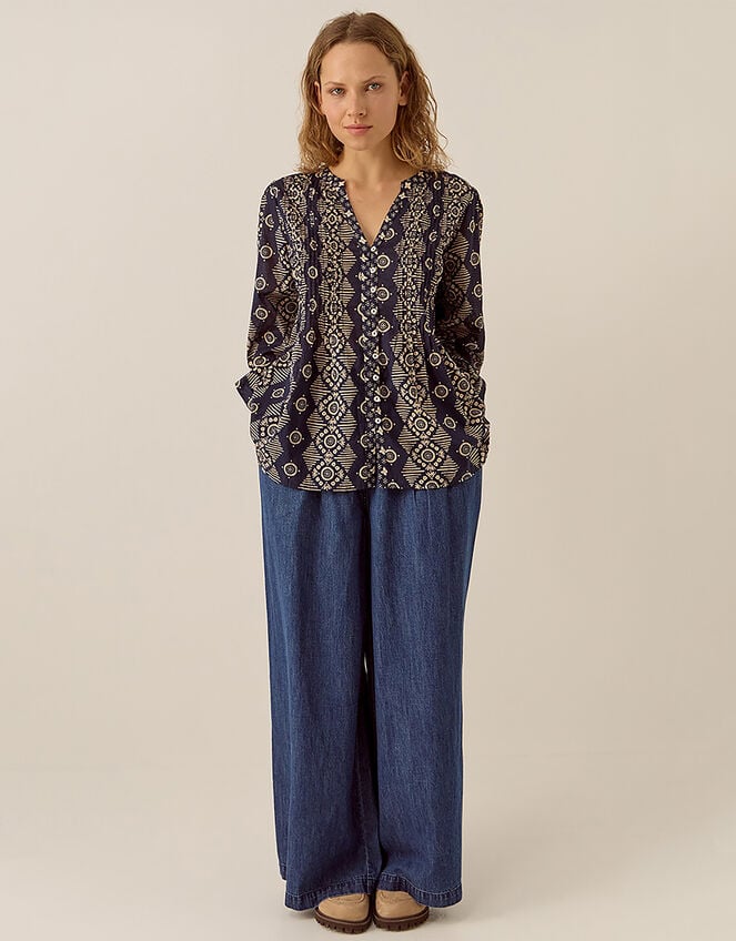 East Celine Printed Cotton Top, Blue (NAVY), large
