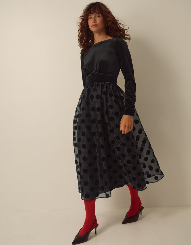 Viana Polka Dot Velvet Midi Dress, Black (BLACK), large