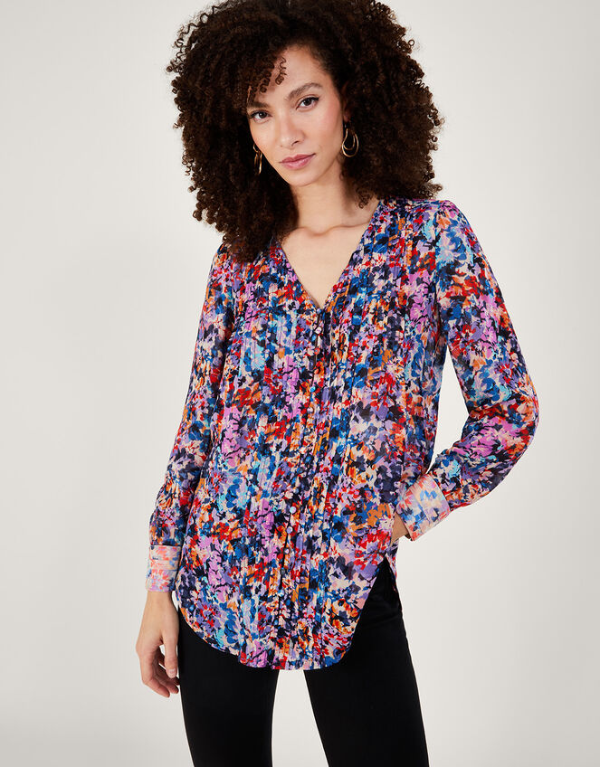 Palmer Print Pleated Blouse in Sustainable Viscose, Ivory (IVORY), large