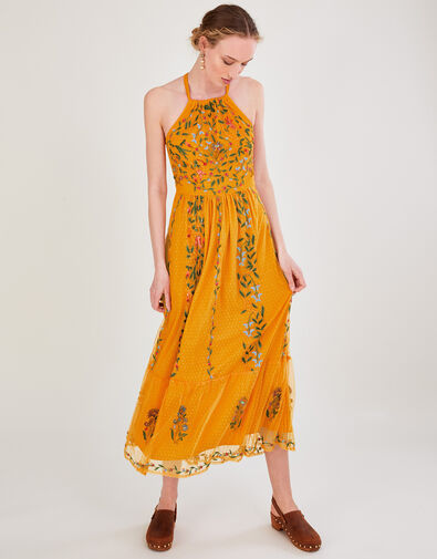 Harlow Halter Embroidered Dress Yellow, Yellow (OCHRE), large