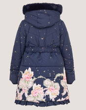 Aurora Floral Print Puffer Coat, Blue (NAVY), large