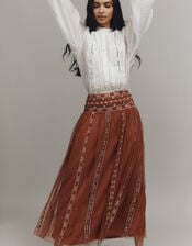 Angie Embroidered Midi Skirt, Orange (RUST), large