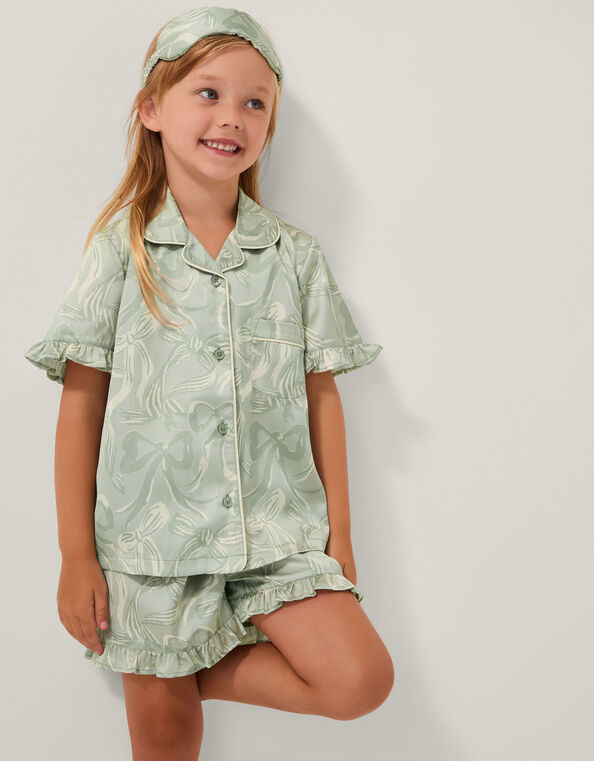 Bow Print Pyjamas & Sleep Mask Set, Green (GREEN), large