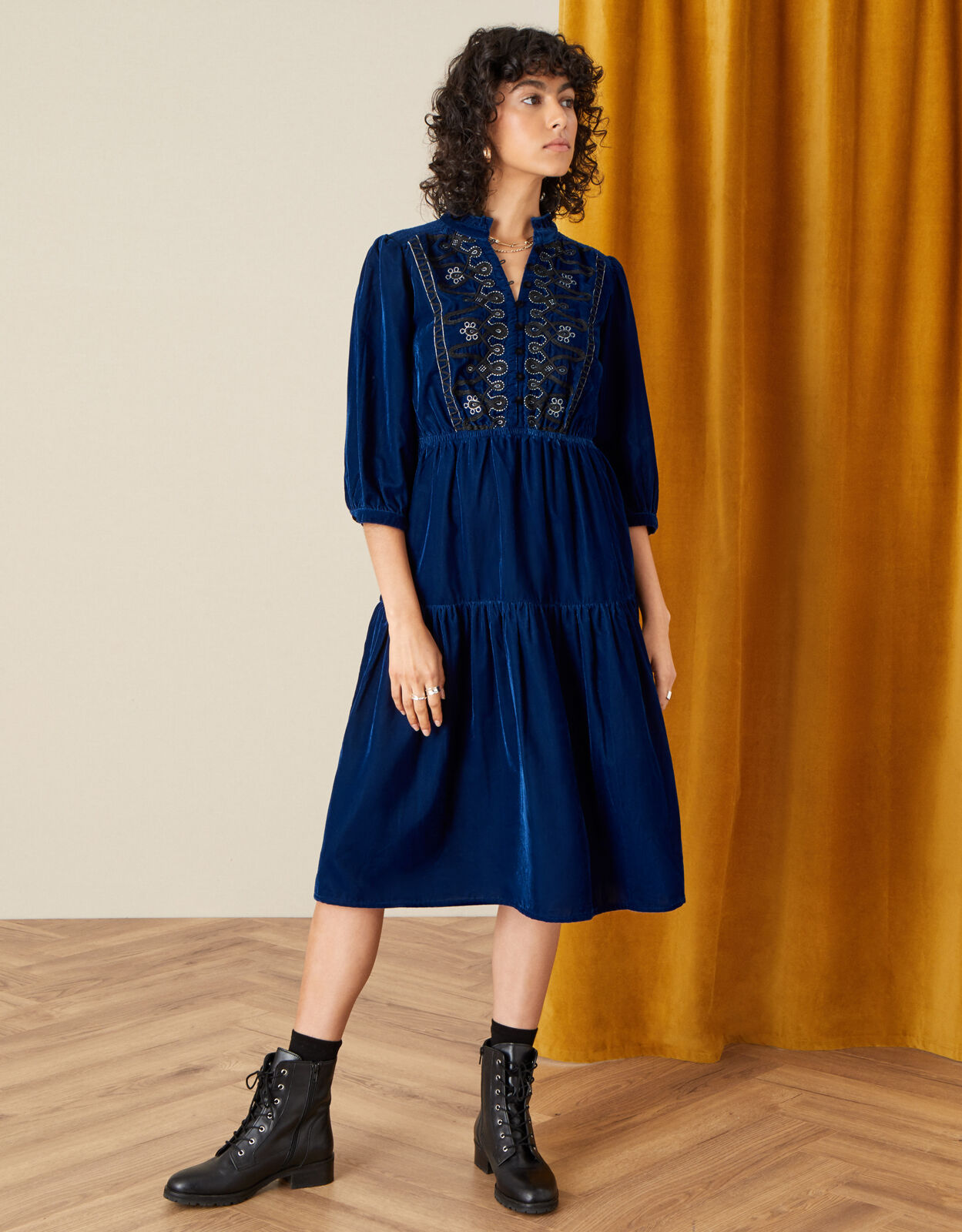 Military Embroidered Velvet Dress Blue