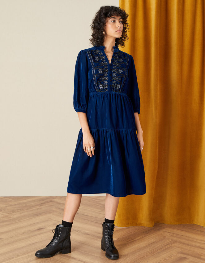Military Embroidered Velvet Dress, Blue (BLUE), large