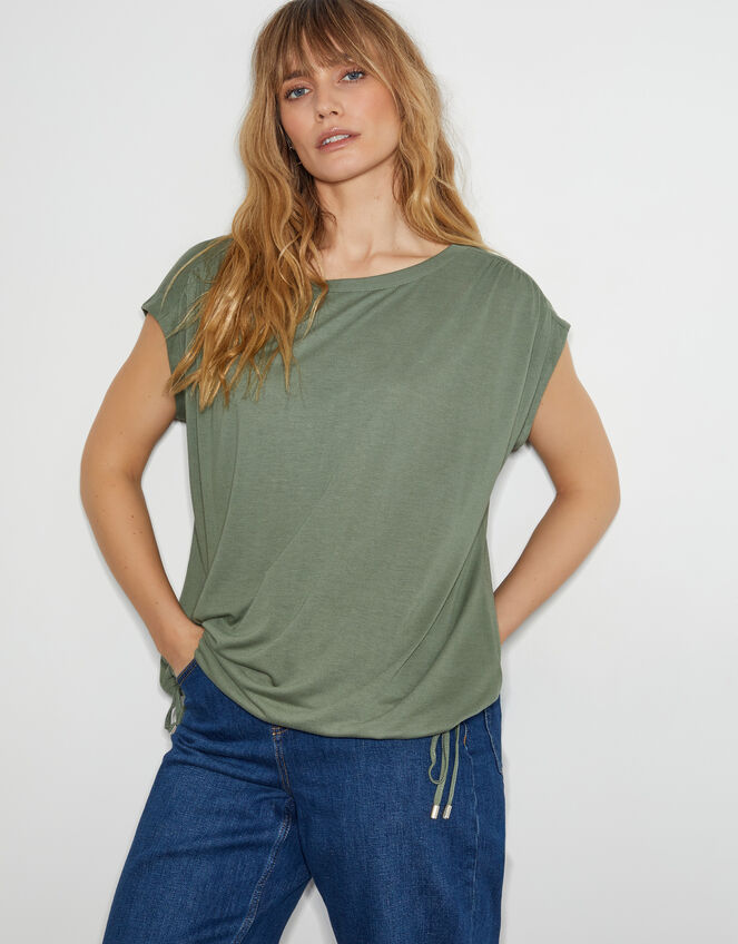 Tamara Cap Sleeve Tie Jersey Top, Green (KHAKI), large