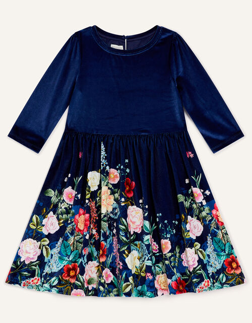 Botanical Print Velvet Dress, Blue (NAVY), large