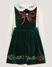 Christmas Wreath Top & Velvet Pinafore Dress Set, Green (GREEN), large