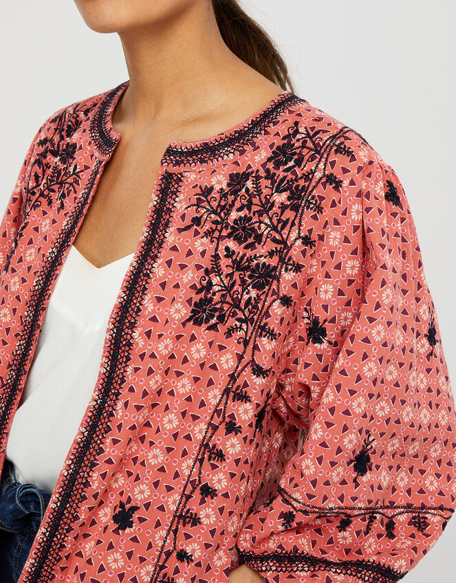 Lilla Embroidered Jacket in Organic Cotton, Orange (CORAL), large