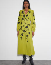 Willa Floral Embroidered Midi Wrap Dress, Green (CHARTREUSE), large