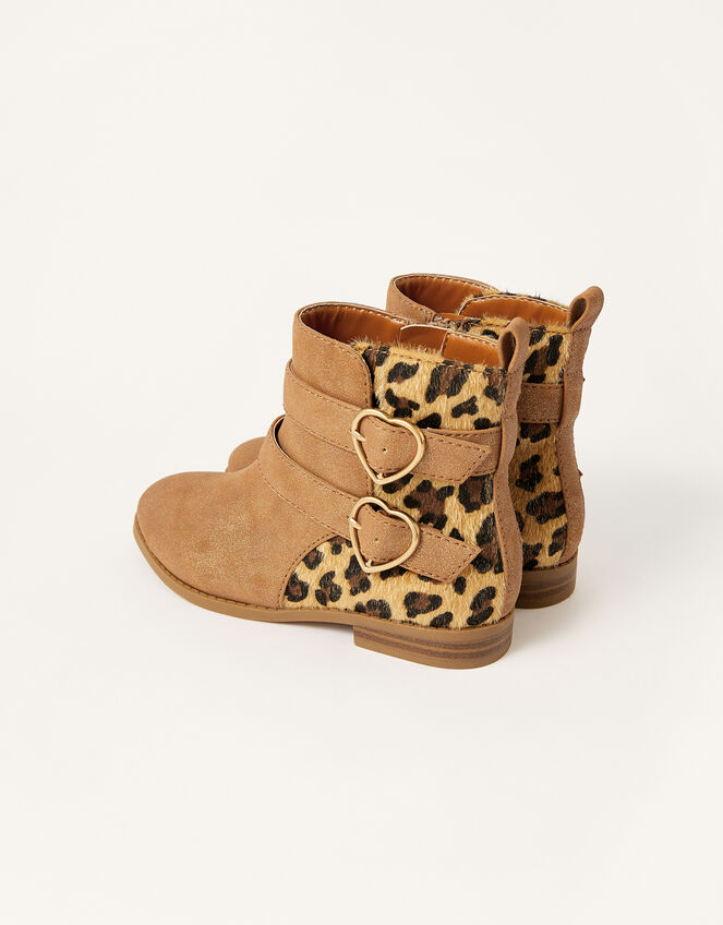 Leopard Panel Heart Buckle Boots, Tan (TAN), large