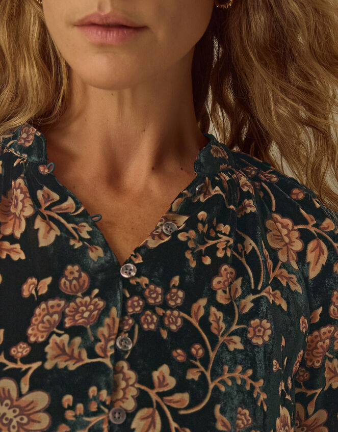Hollie Floral Devor&eacute; Velvet Shirt, Green (GREEN), large