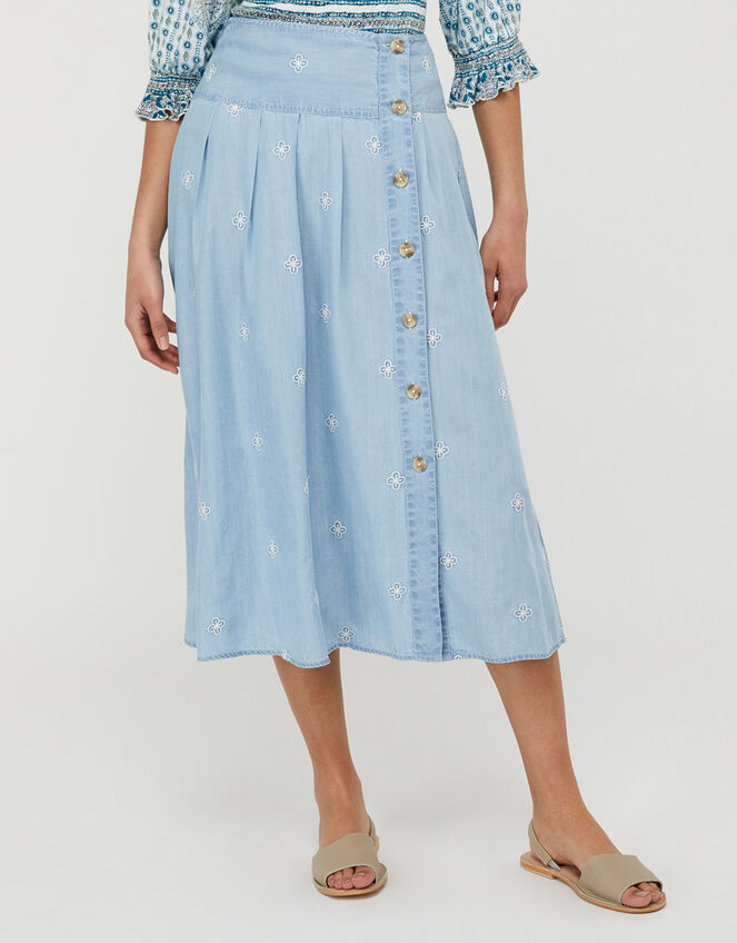 Elsie Floral Embroidered Skirt in LENZING&trade; TENCEL&trade;, Blue (DENIM BLUE), large