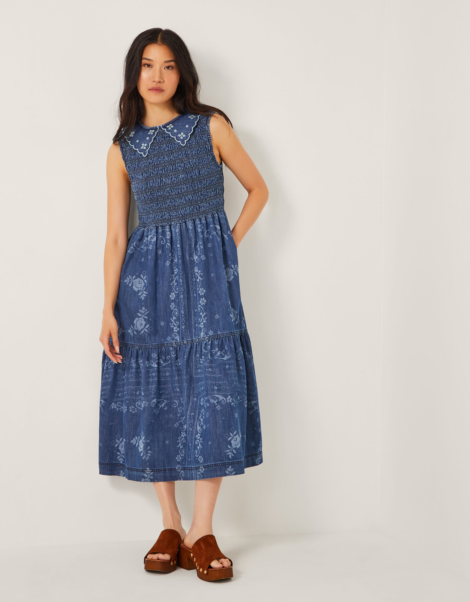Cecily Floral Smocked Denim Midi Dress Blue