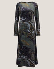Delta Print Velvet Jersey Midi Dress, Black (BLACK), large