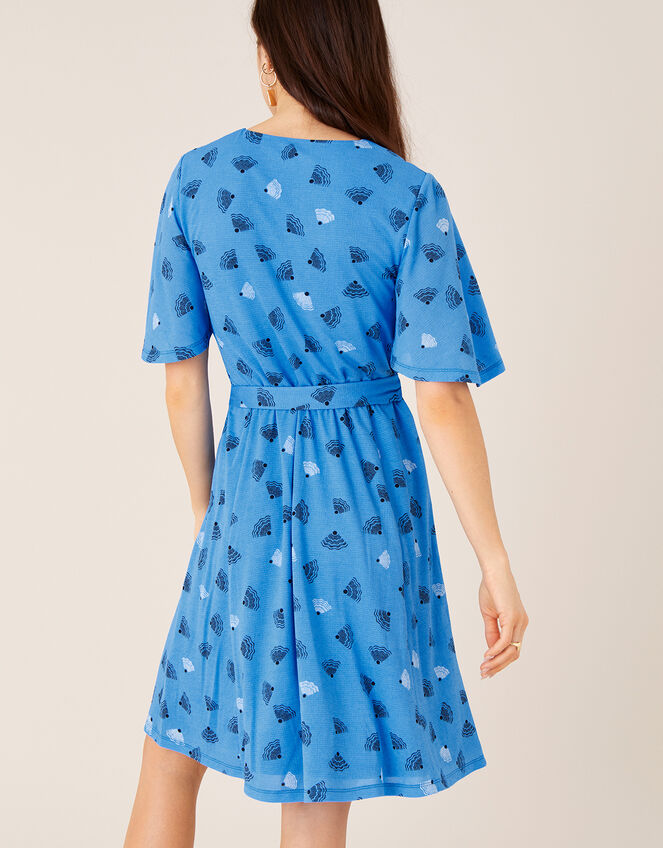 Nancy Printed Tie Belt Short Dress, Blue (BLUE), large