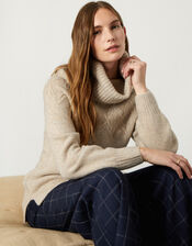 Cowl Neck Stitch Detail Longline Jumper, Camel (OATMEAL), large