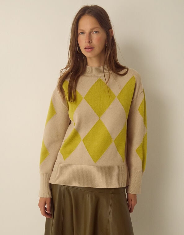 Arlen Crew Neck Argyle Jumper, Green (CHARTREUSE), large