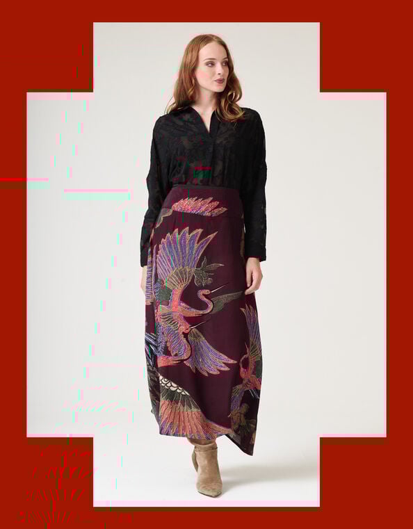 One Hundred Stars Crane Print Midi Skirt, Purple (PLUM), large