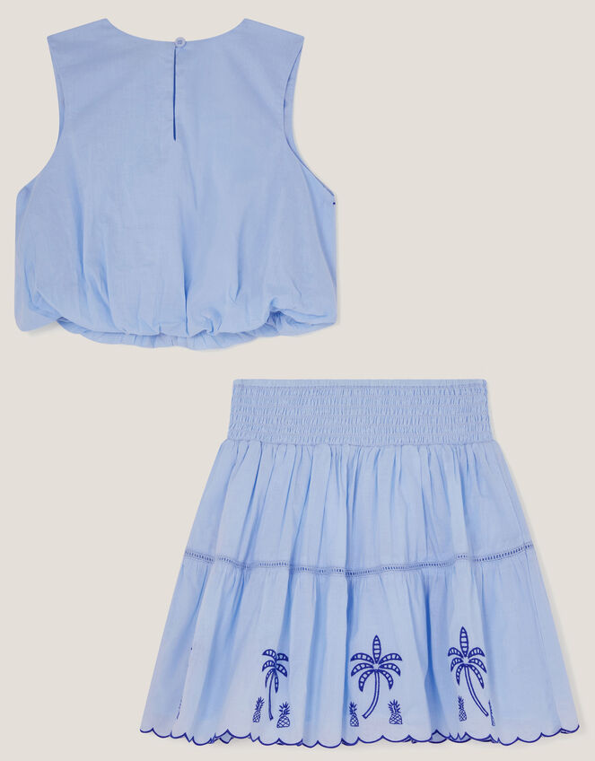 Palm Tree Embroidered Top and Skirt Set, Blue (BLUE), large