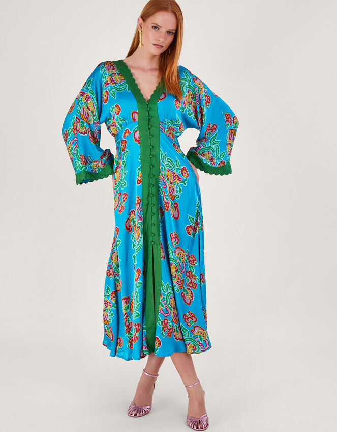 Button Through Print Kaftan Dress, Blue (BLUE), large